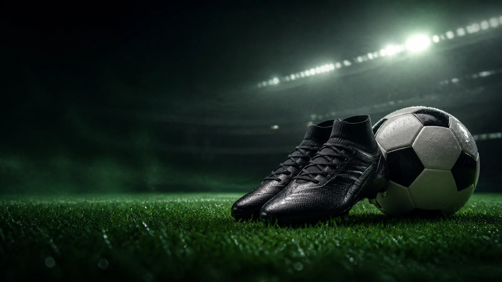 Equipamiento de fútbol: botas y balón sobre césped